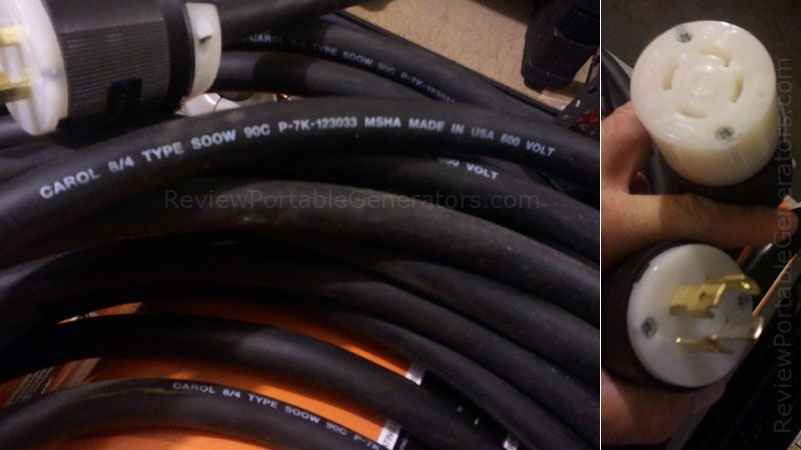 80-foot generator power cord stretched between generator and exterior power inlet