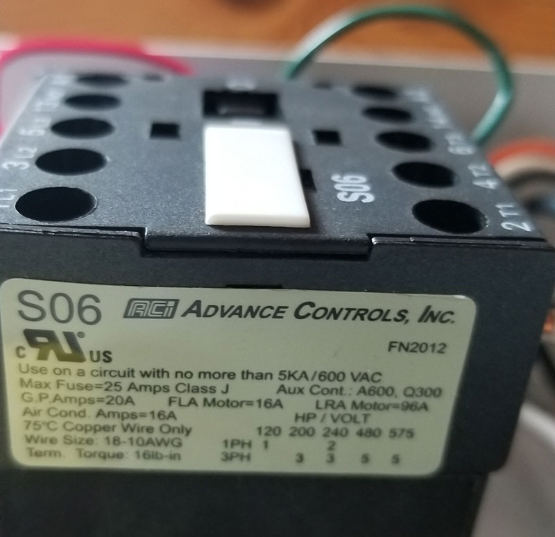 ACI S06 FN2012 contactor side label showing amp ratings and wire specifications