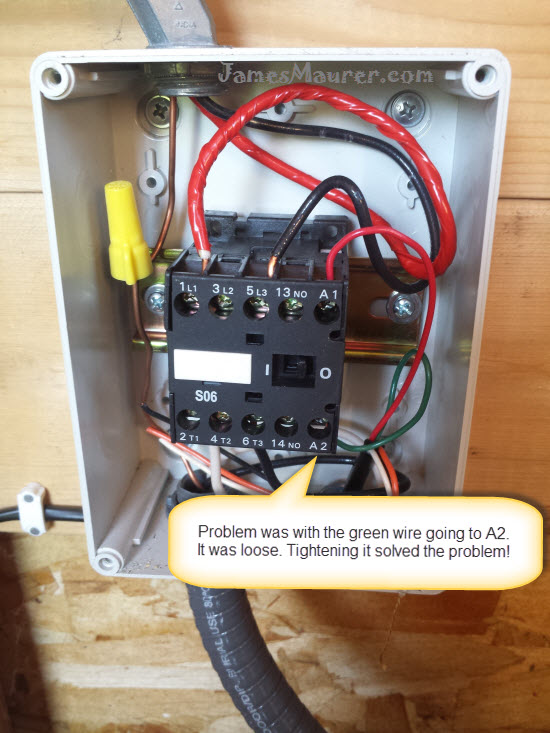Irrigation pump relay with loose green wire re-seated and tightened at terminal