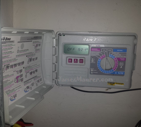 Rain Bird sprinkler control unit showing zone timer settings