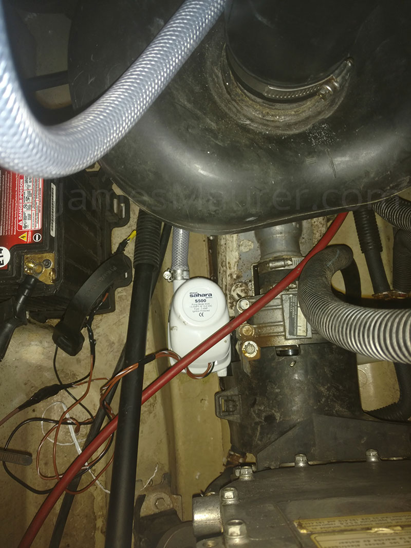 Attwood Sahara 500 electric bilge pump installed in Yamaha Waverunner VX1100 engine compartment