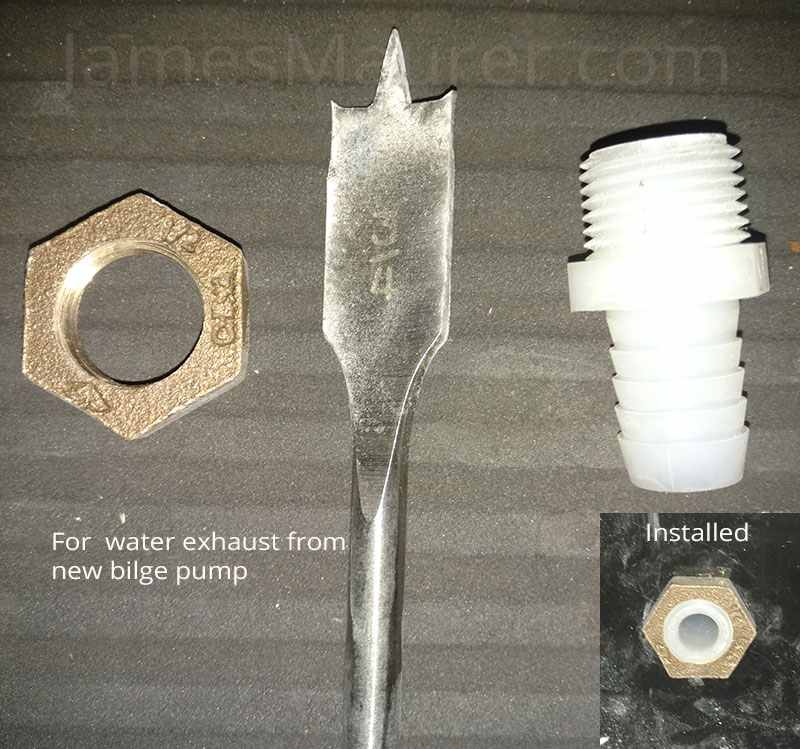 New water exhaust outlet drilled for electric bilge pump on Waverunner