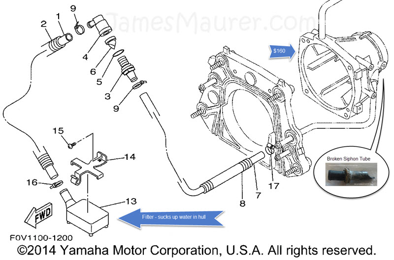Diagram showing how the siphon bilge pump system works on a Yamaha Waverunner VX1100